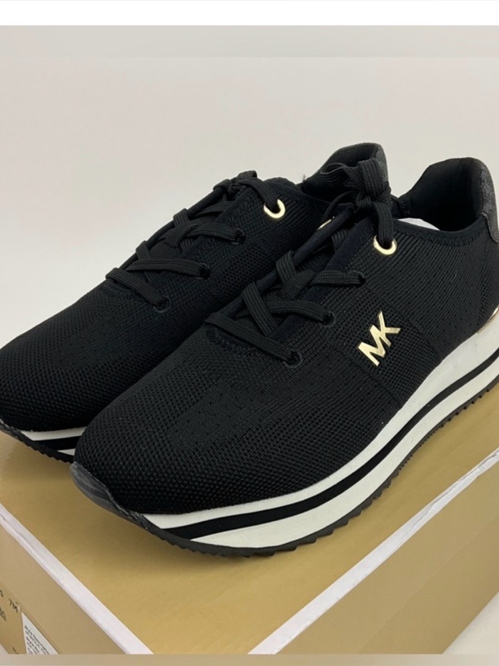 NWB Michael Kors Black Knit Platform Sneakers with White Stripe